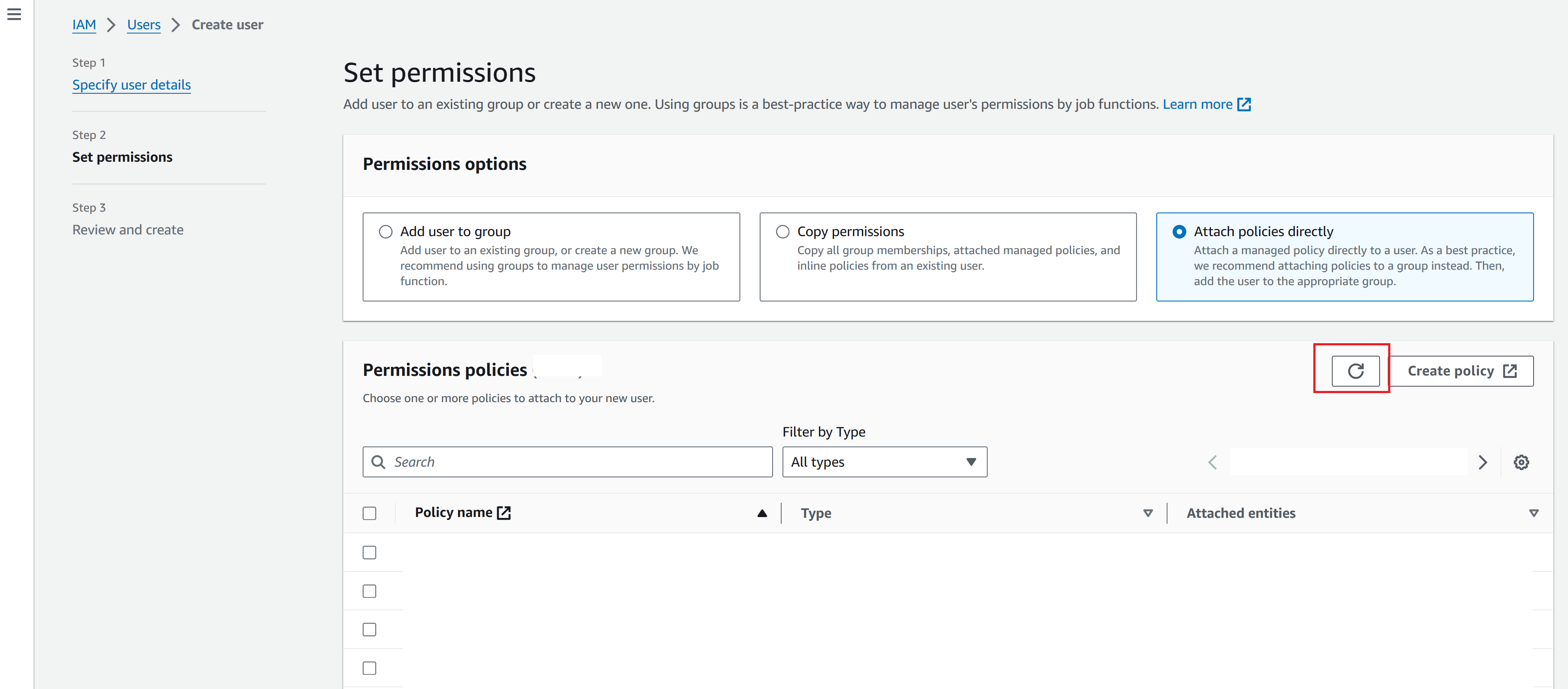 権限設定画面の Permissions policies のタブで、再読み込みボタンをクリックする