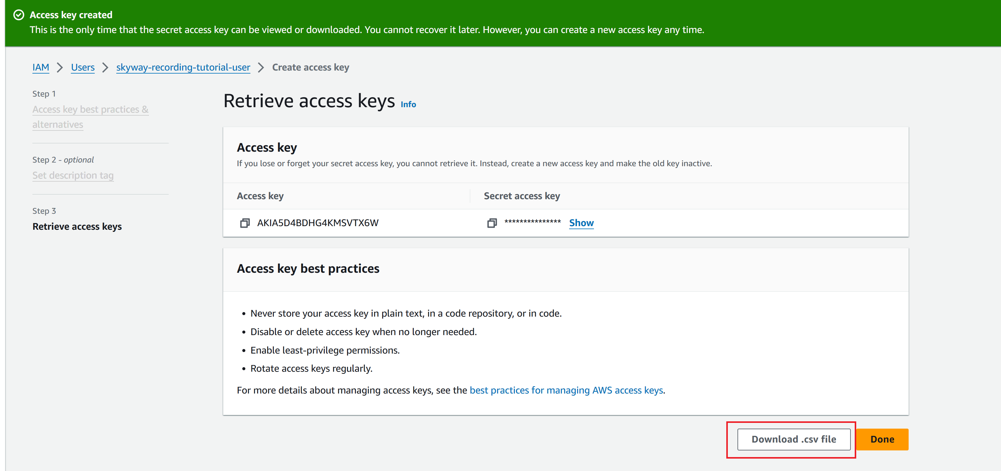 Access key の作成画面で、Download .csv file をクリックする