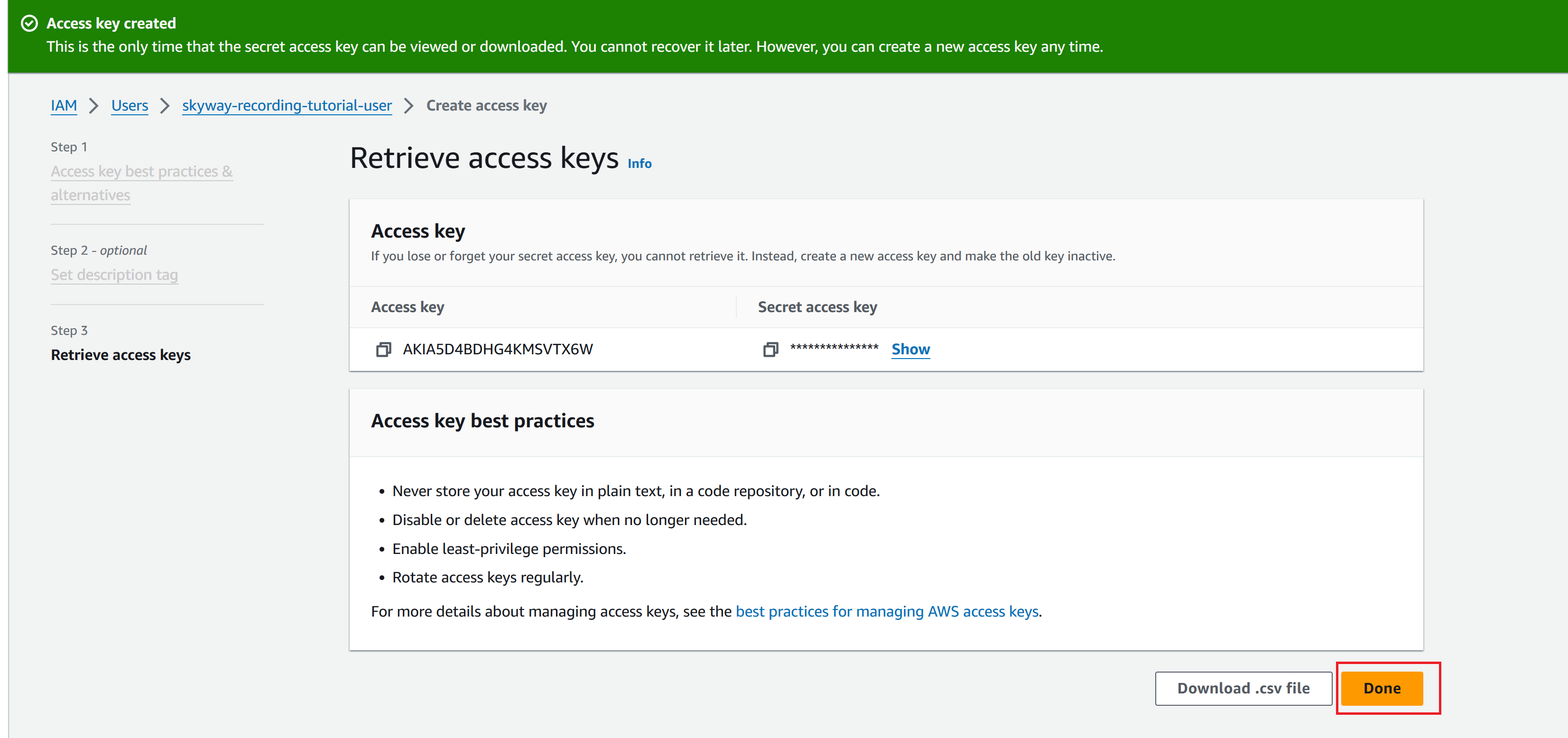 Access key の作成画面で、Done ボタンをクリックする