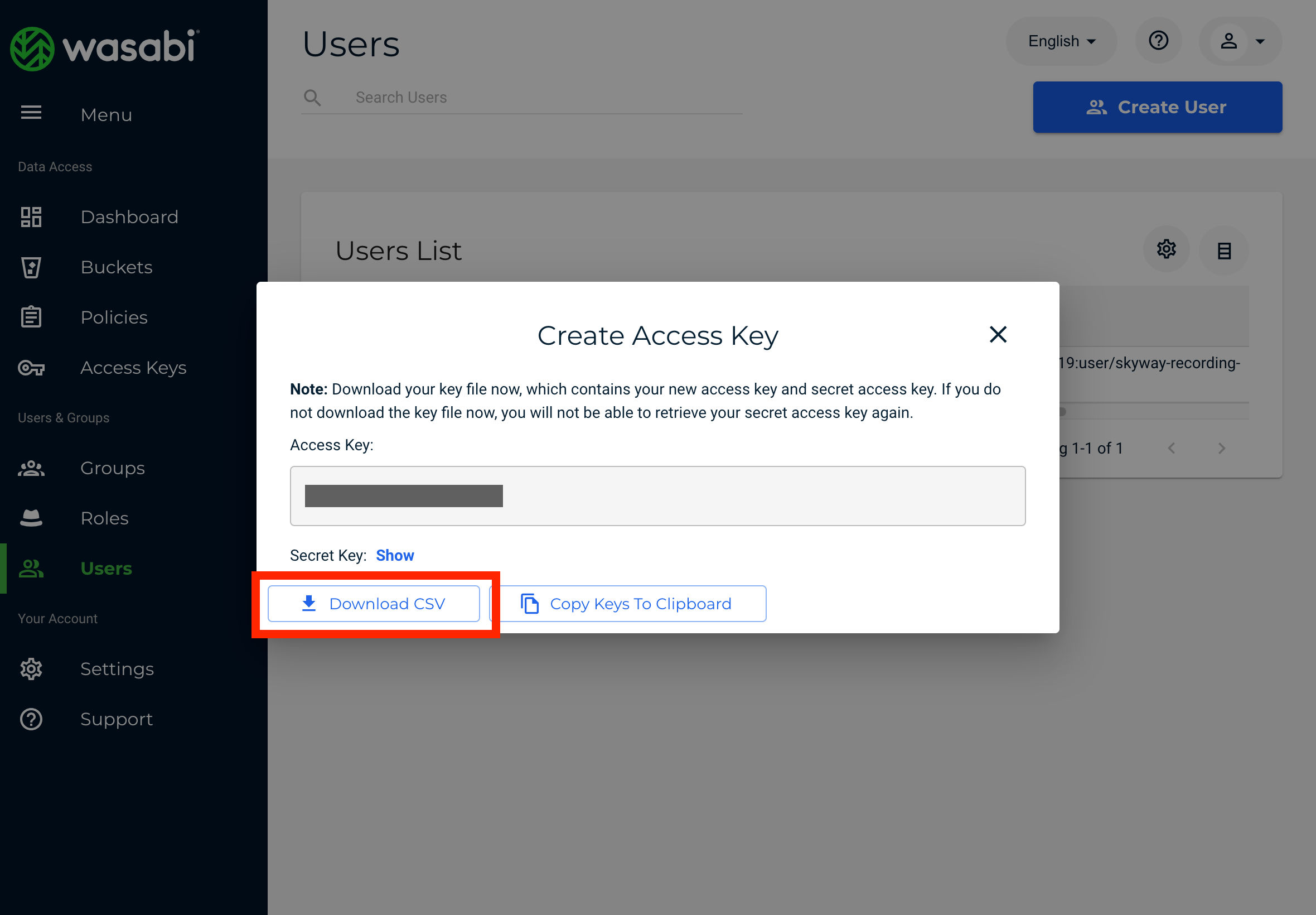 Create Access Key の画面で、Download CSV ボタンをクリックする
